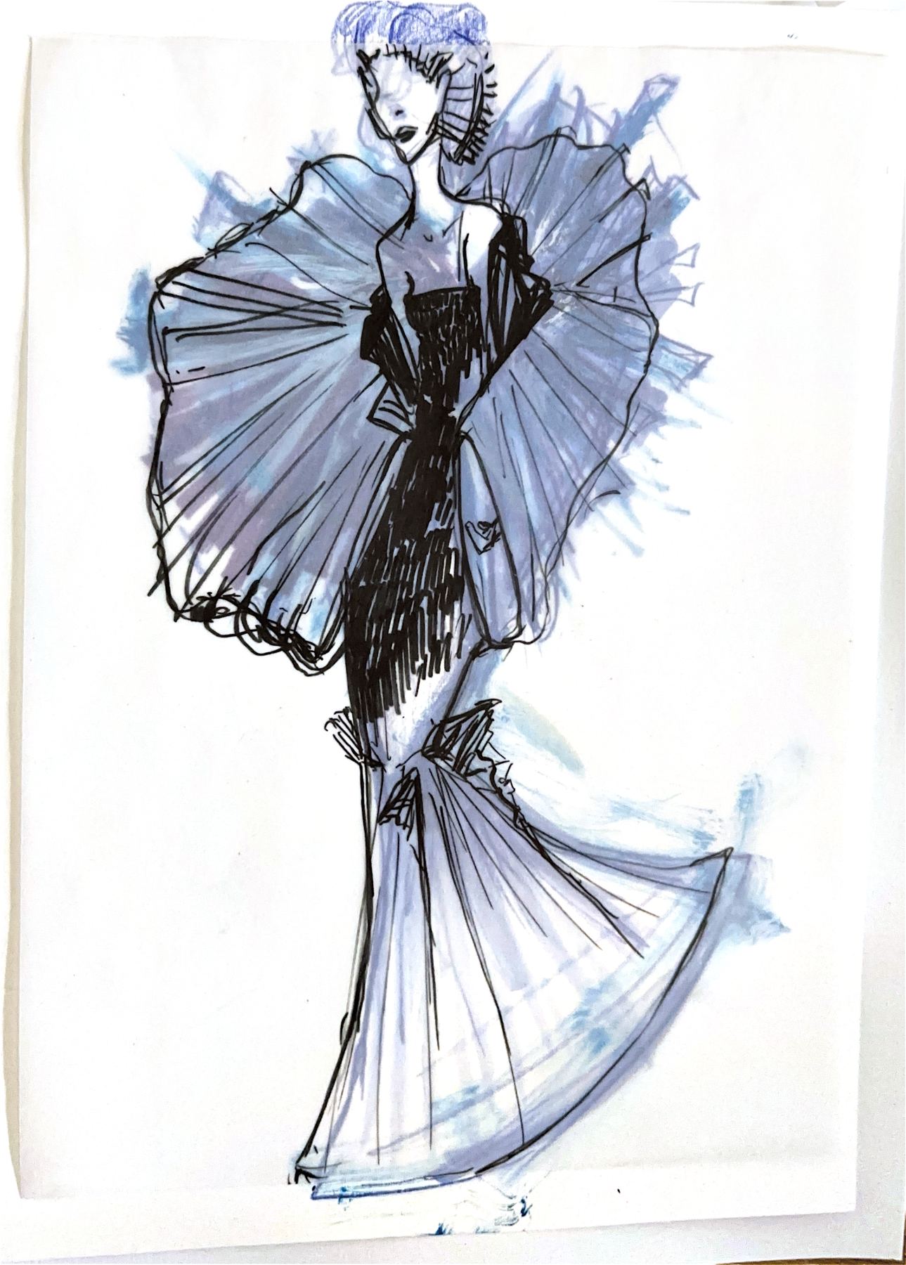 Page from History of Movement: ink drawing of a gown with a fanned collar