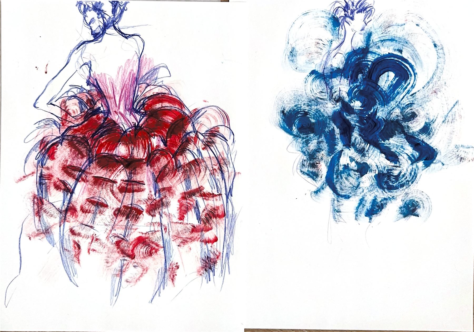 Two figures in red and blue ink