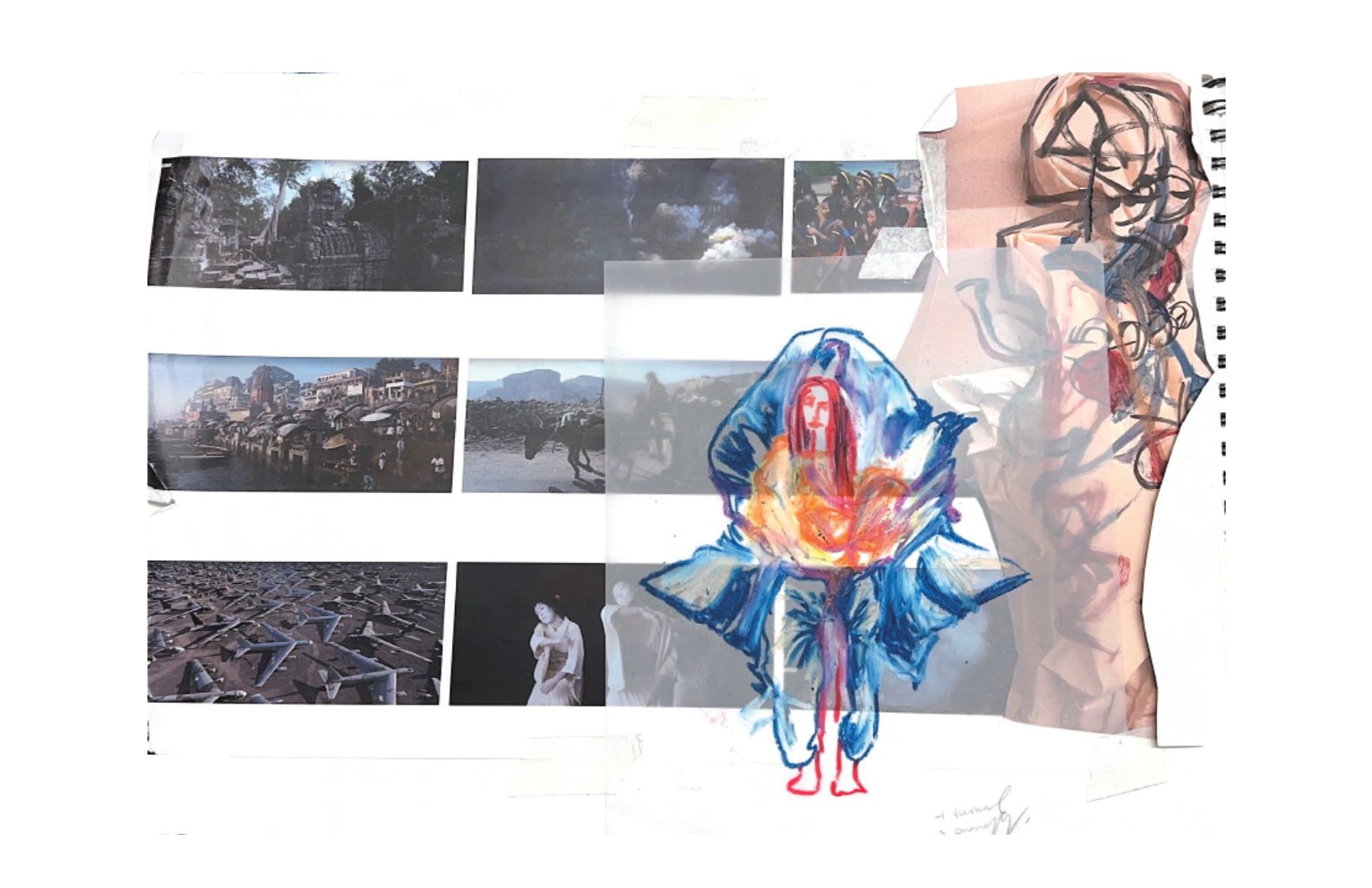 Page from The Other: a blue and red figure drawn over landscape photographs