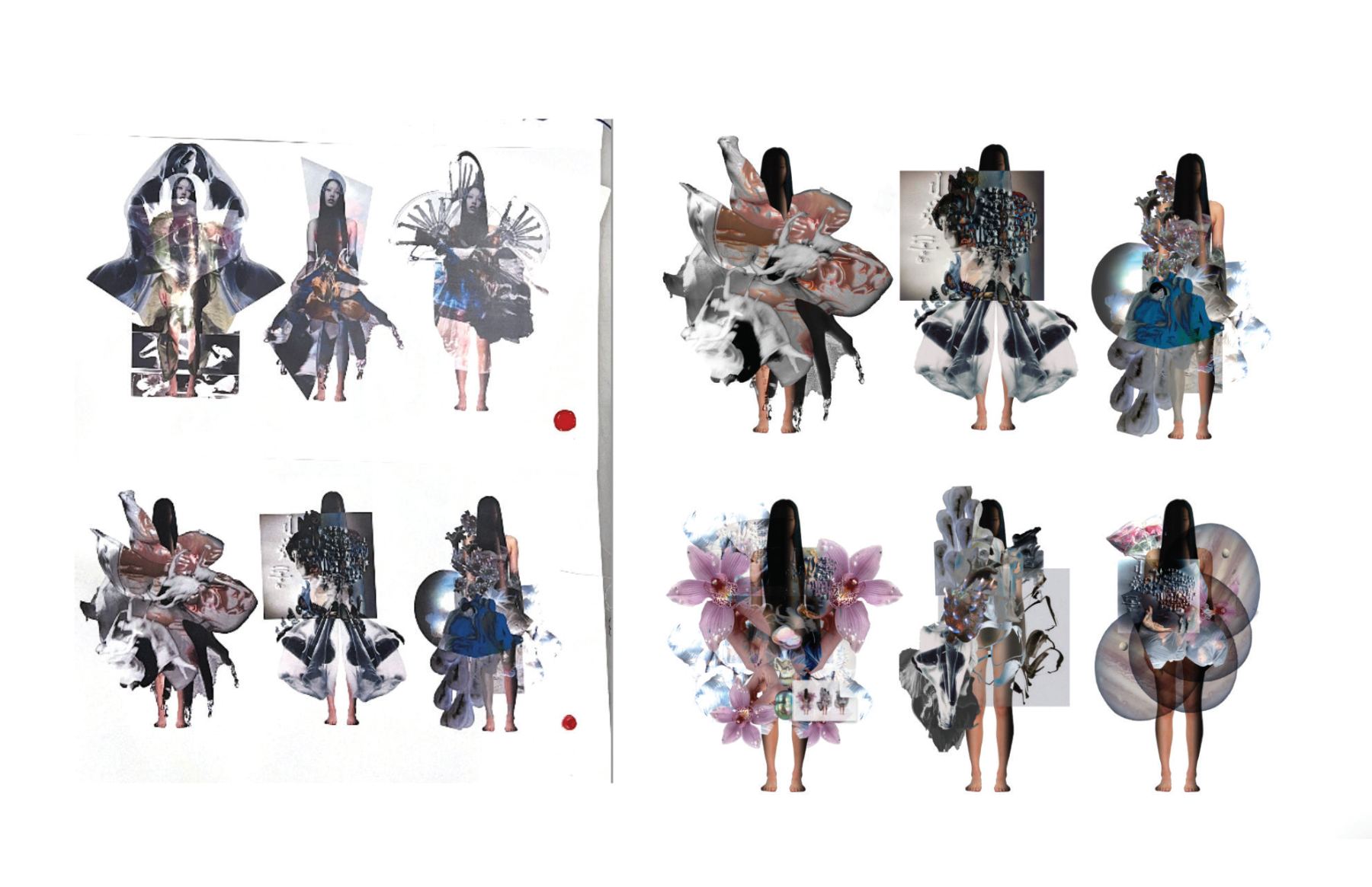 Eight collaged figures in blue, black and pink