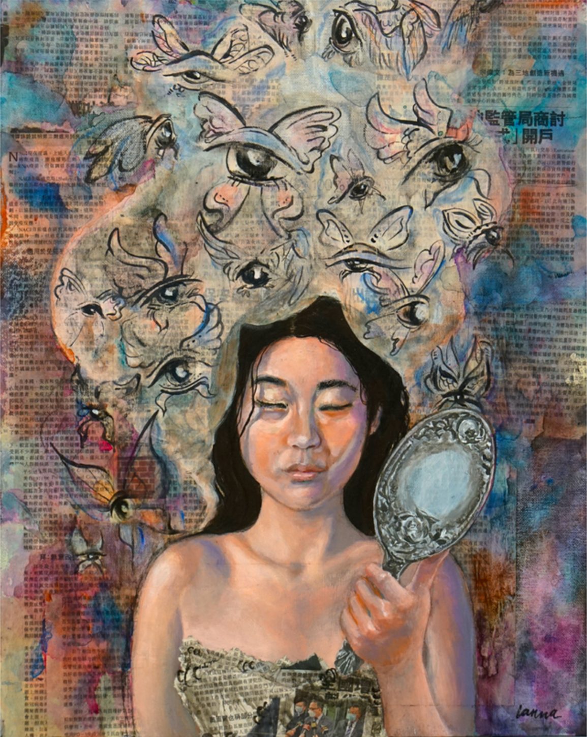 Eyes are Watching, a portrait holding a hand mirror under painted eyes