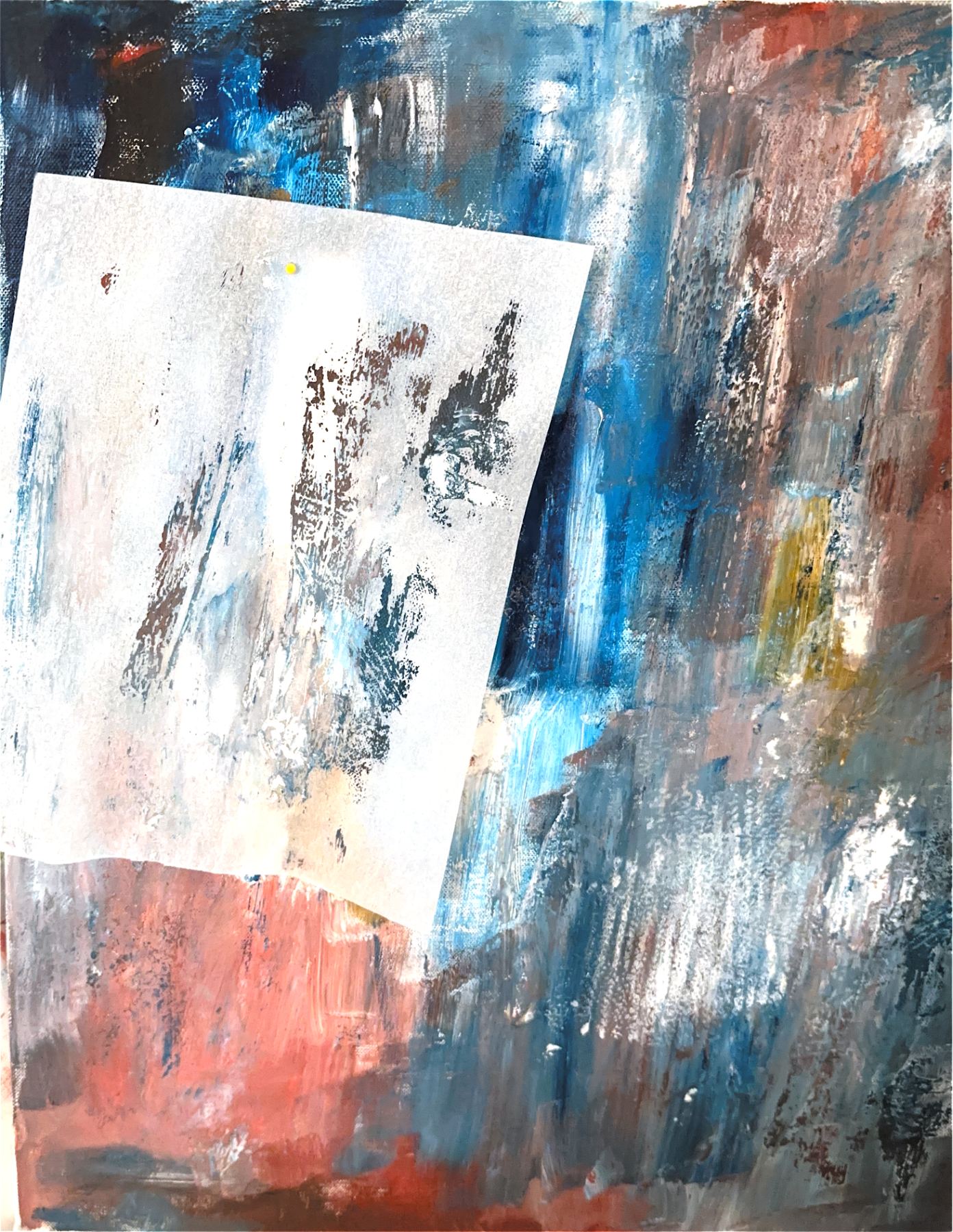 Abstract painting in blue and coral